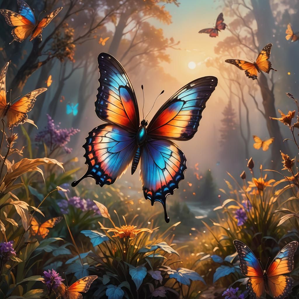 Majestic Butterfly in a Fantastic Landscape: Oil Painting