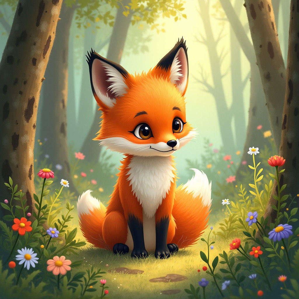 Adorable Baby Fox in Sun-Dappled Glade: Whimsical Painting