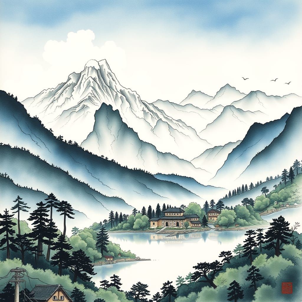 Ink Style Serene Village, Forest, Mountains, and Lake
