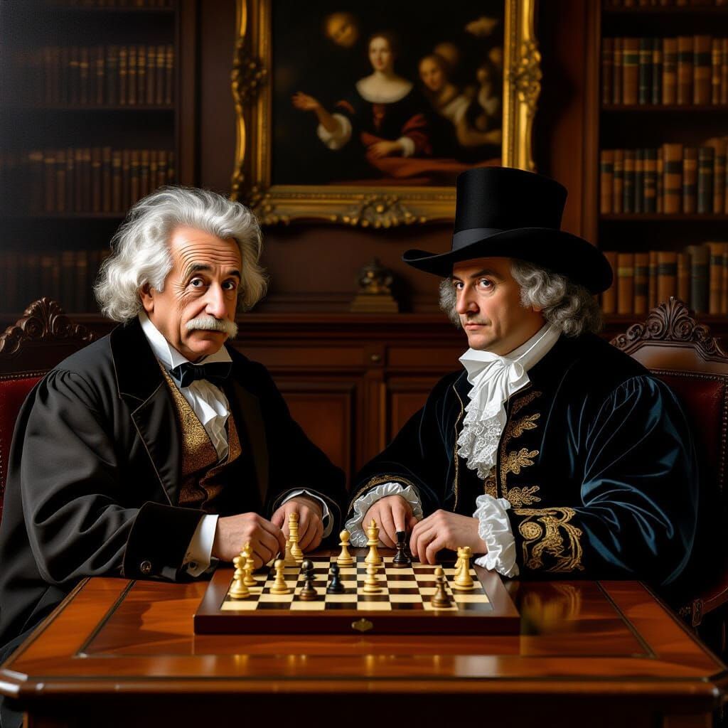 Einstein and Newton Play Chess, Renaissance Style