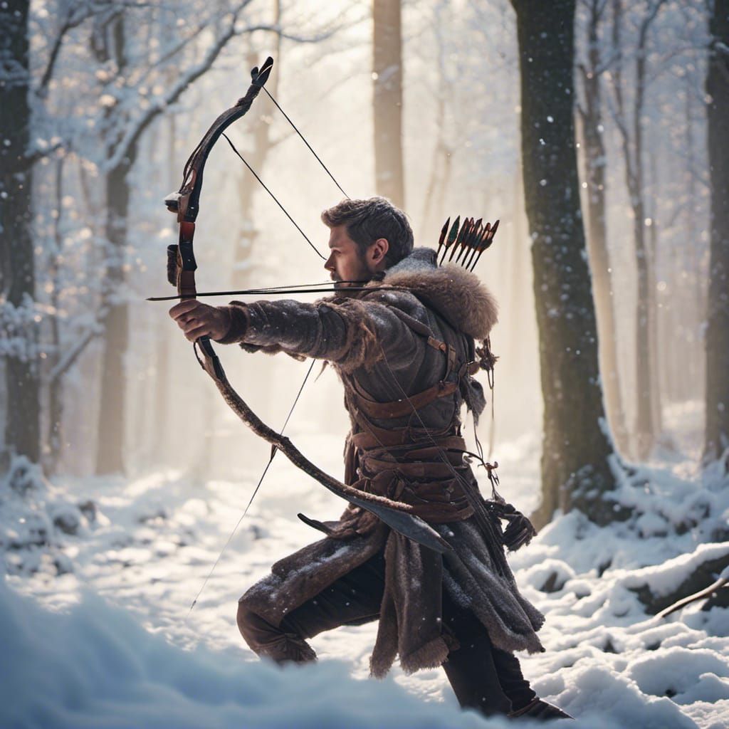 Hyperrealistic Archer in Snowy Forest