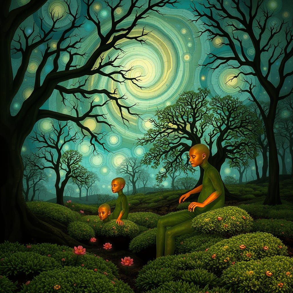 Stained Glass Forest Glade with Nebulae Sky