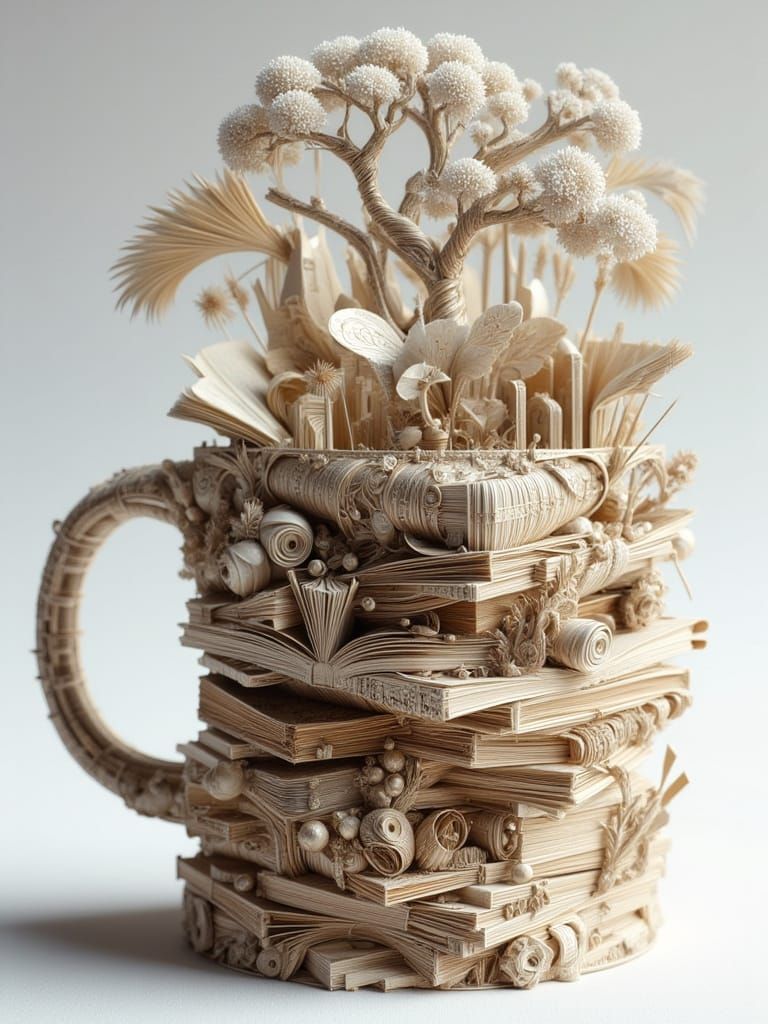 3D Coffee Mug as Book Stack with Double Exposure Effect