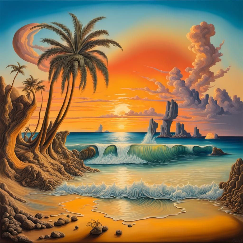Surreal Tropical Sunset Beach in Oil on Canvas