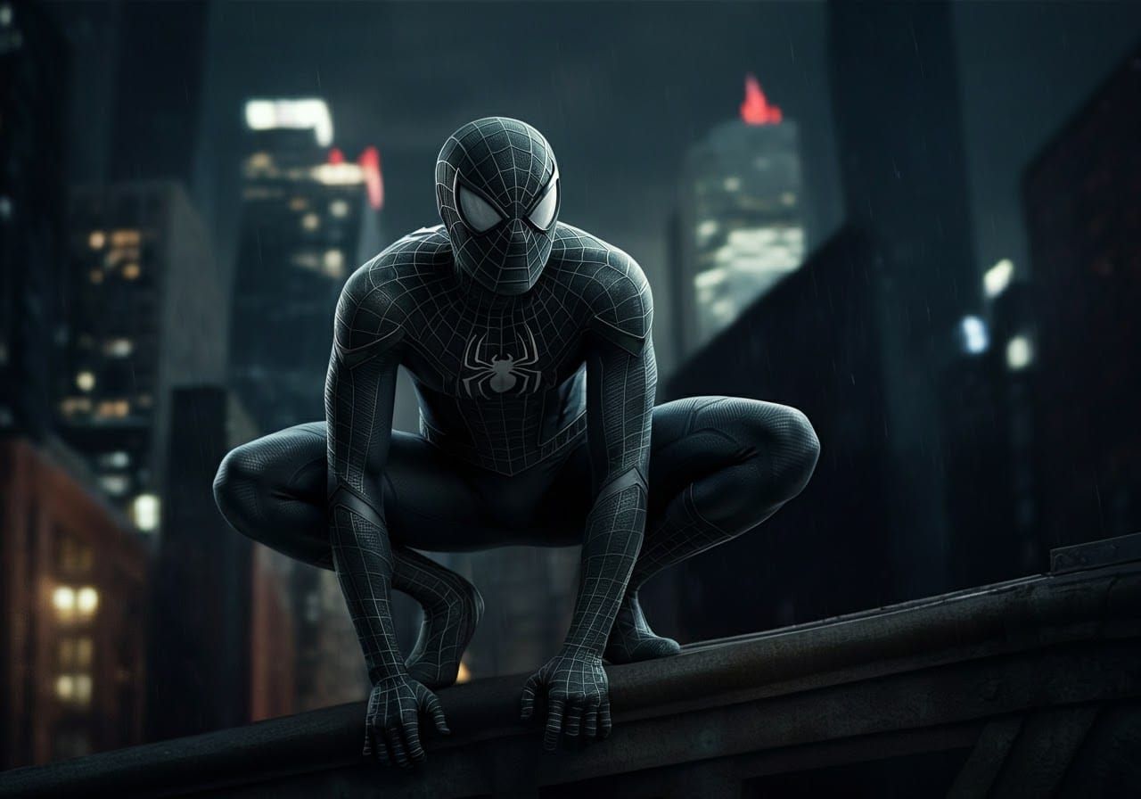 Black Suit Spider-Man: Gritty Cityscape Photo
