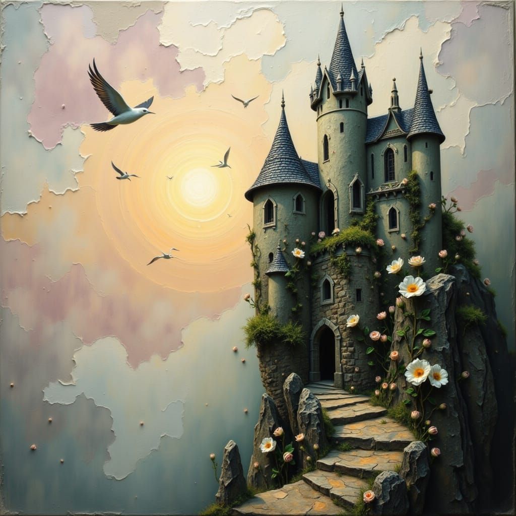 Moss-Covered Castle at Dawn: Spring Romance Oil Painting