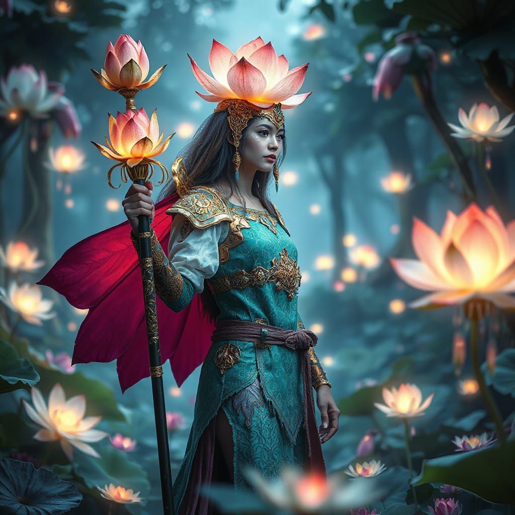Mythical Warrior Emerges in Luminous Lotus Realm
