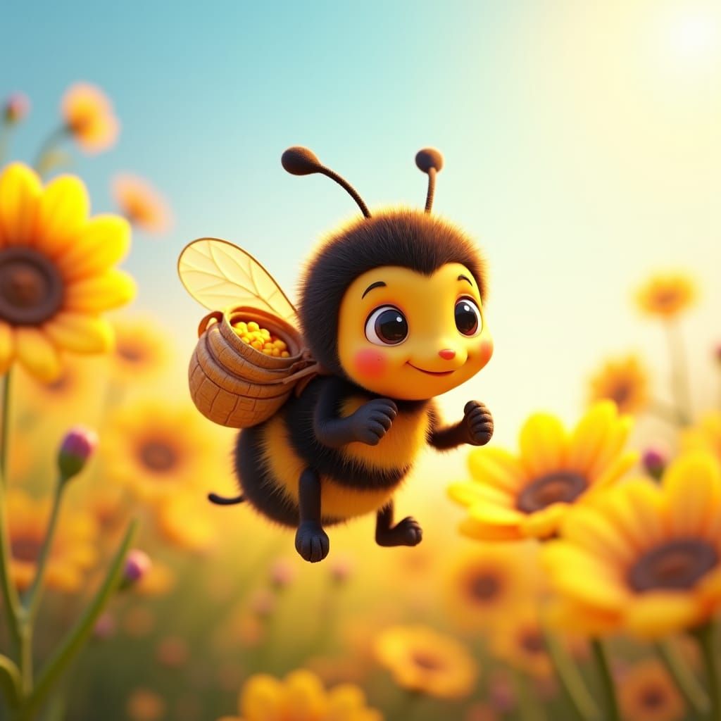 Adorable Baby Bee Playing in Sunny Meadow