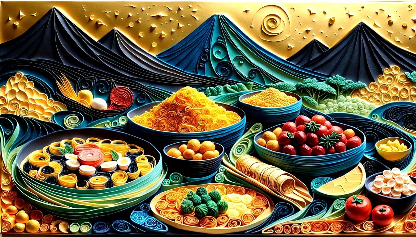 Golden Food Landscape in Impasto Paper Quilling