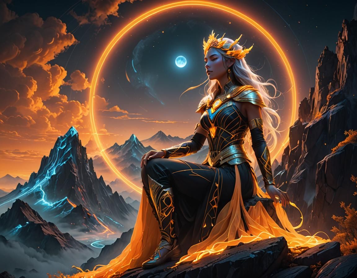 Crystal Moon Goddess in Neon Lit Landscape