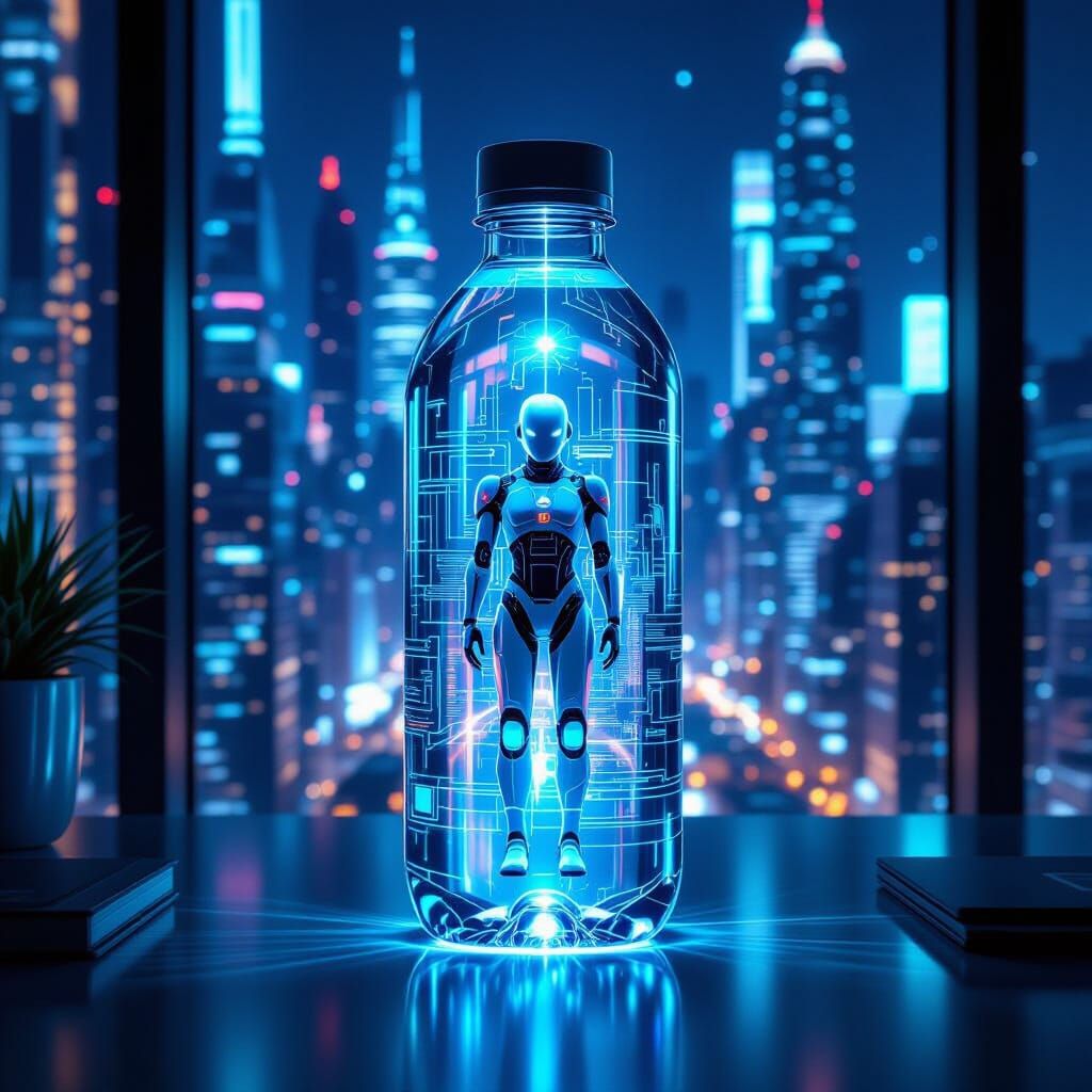 Futuristic Cityscape in Transparent Water Bottle