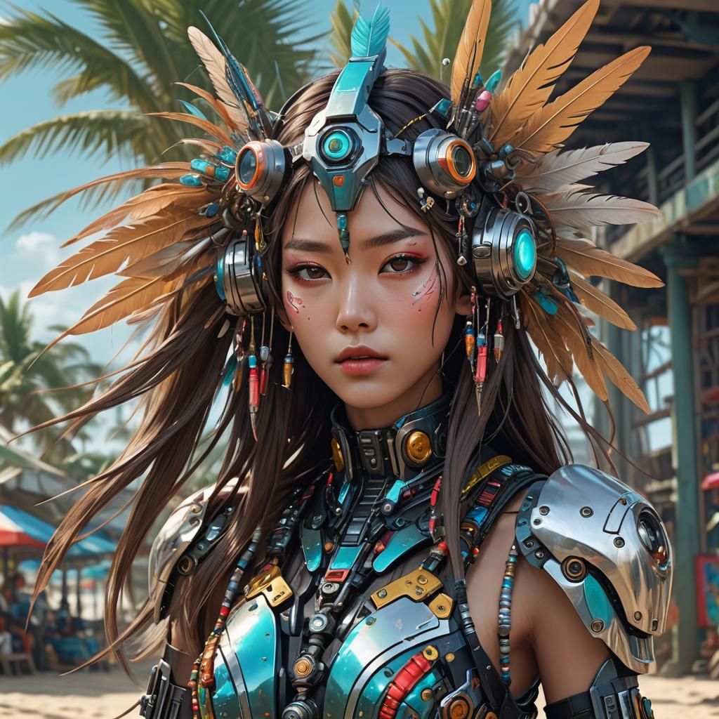 Cyberpunk Model in Mech Suit on Tropical Beach
