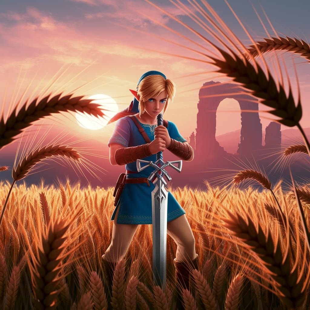 Link with Master Sword in Golden Wheat Field