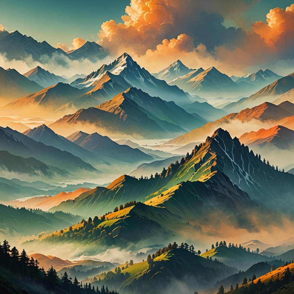 Symmetrical Mountain Landscape at Sunrise in Vintage Style