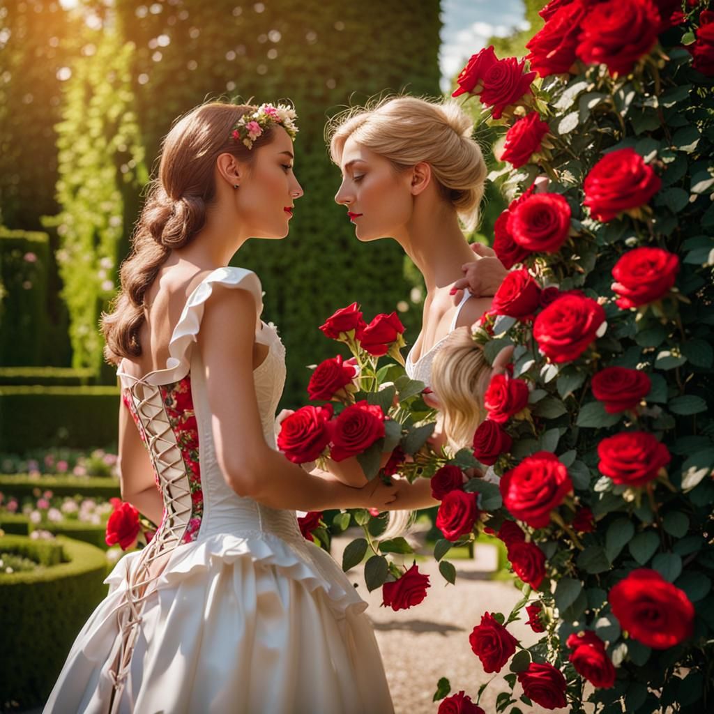 Versailles Garden Scene with Woman in Corset
