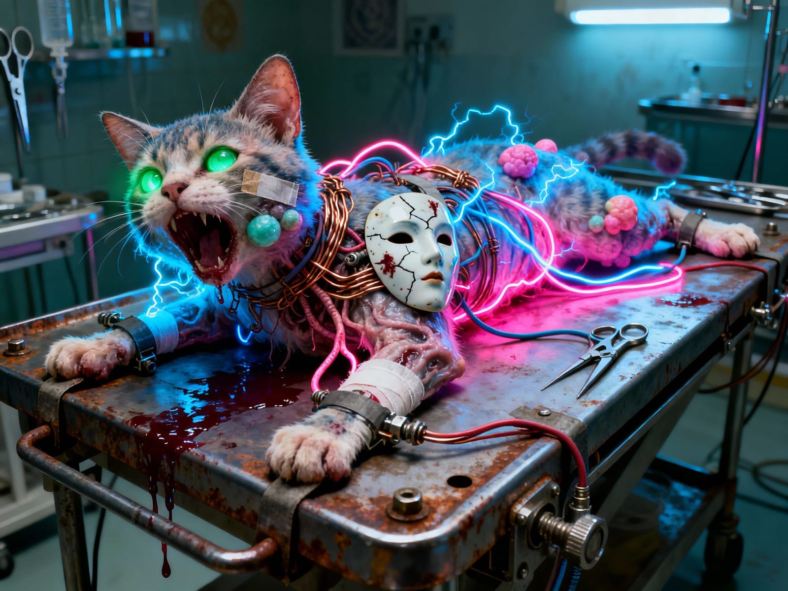 Horror Cat Connected to Wires in Intricate Style