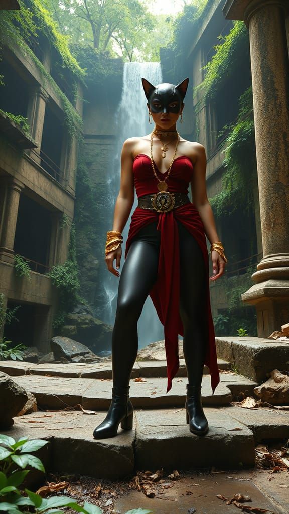 Catwoman with Cougar Head in Jungle Ruins