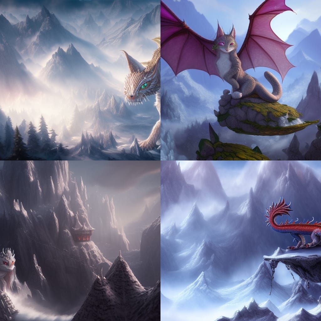 Fantasy Scene: Elf, Dwarf, Dragon, and Catgirl