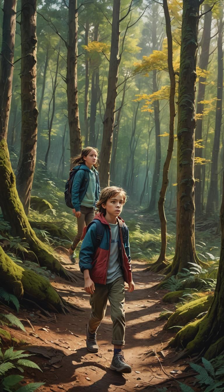 Hyperrealistic Siblings Stroll Through Colorful Forest