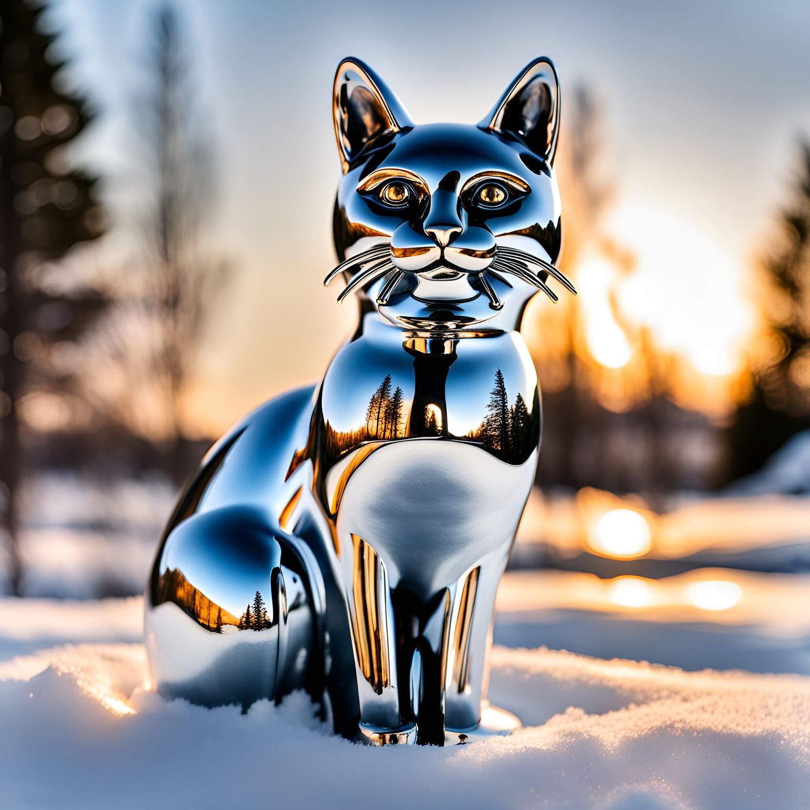 Chrome Cat Statue Reflecting Winter Sunset