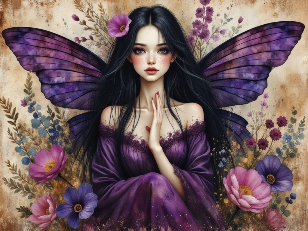 Hyperrealistic Fairy with Purple Wings and Flowers