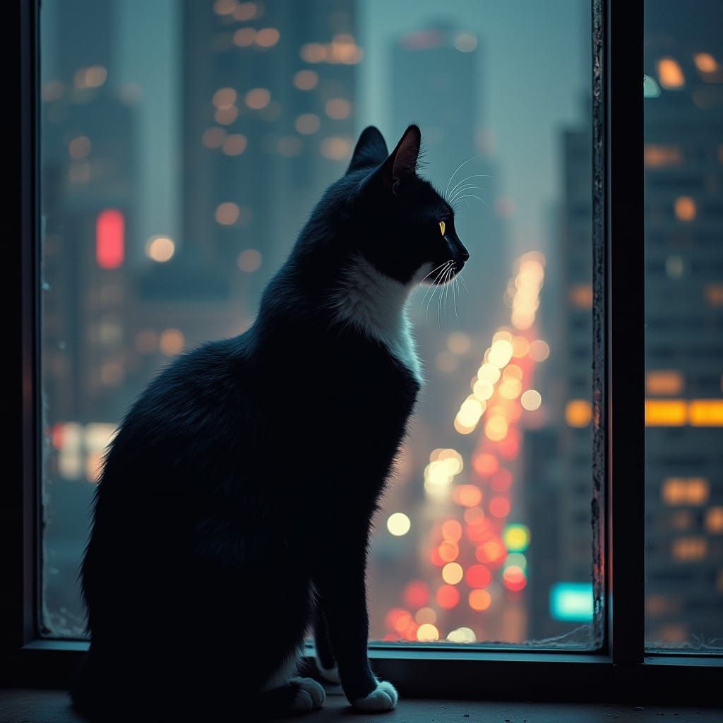 Meticulous Tuxedo Cat in Film Noir Style