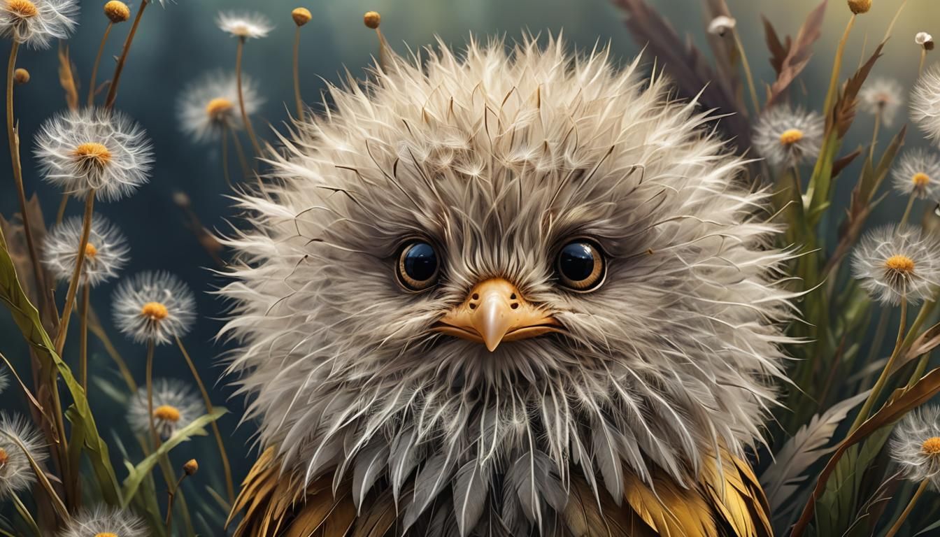 Charming Dandelion Creature in Feather, Digital Painting