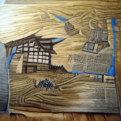 Detailed Woodcut Painting of Feudal Japanese Village