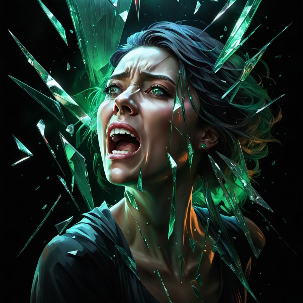 Screaming Woman Behind Broken Glass in Macabre Art