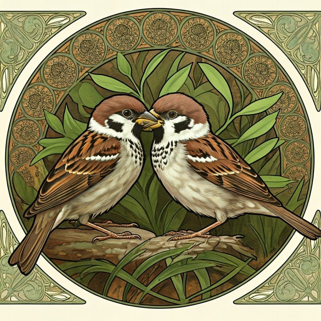 Elegant Cape Sparrow Mother Feeds Chick in Art Nouveau Style