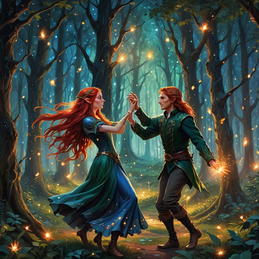 female elf with long red hair and blue eyes dancing with a t...