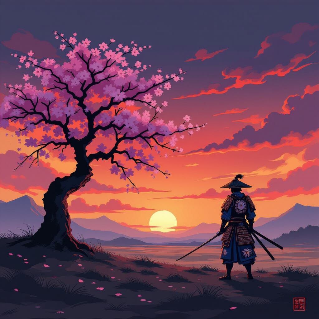Samurai in Floral Armor on Desolate Battlefield at Dusk