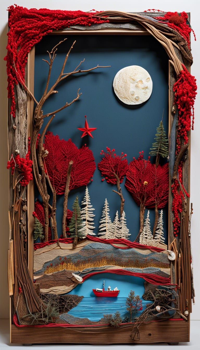 Moonlit Lake Scene in 3D Assemblage Art
