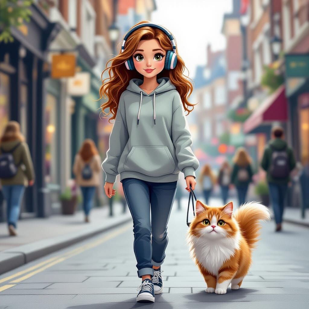 Hermione and Crookshanks in Modern London, Digital Art