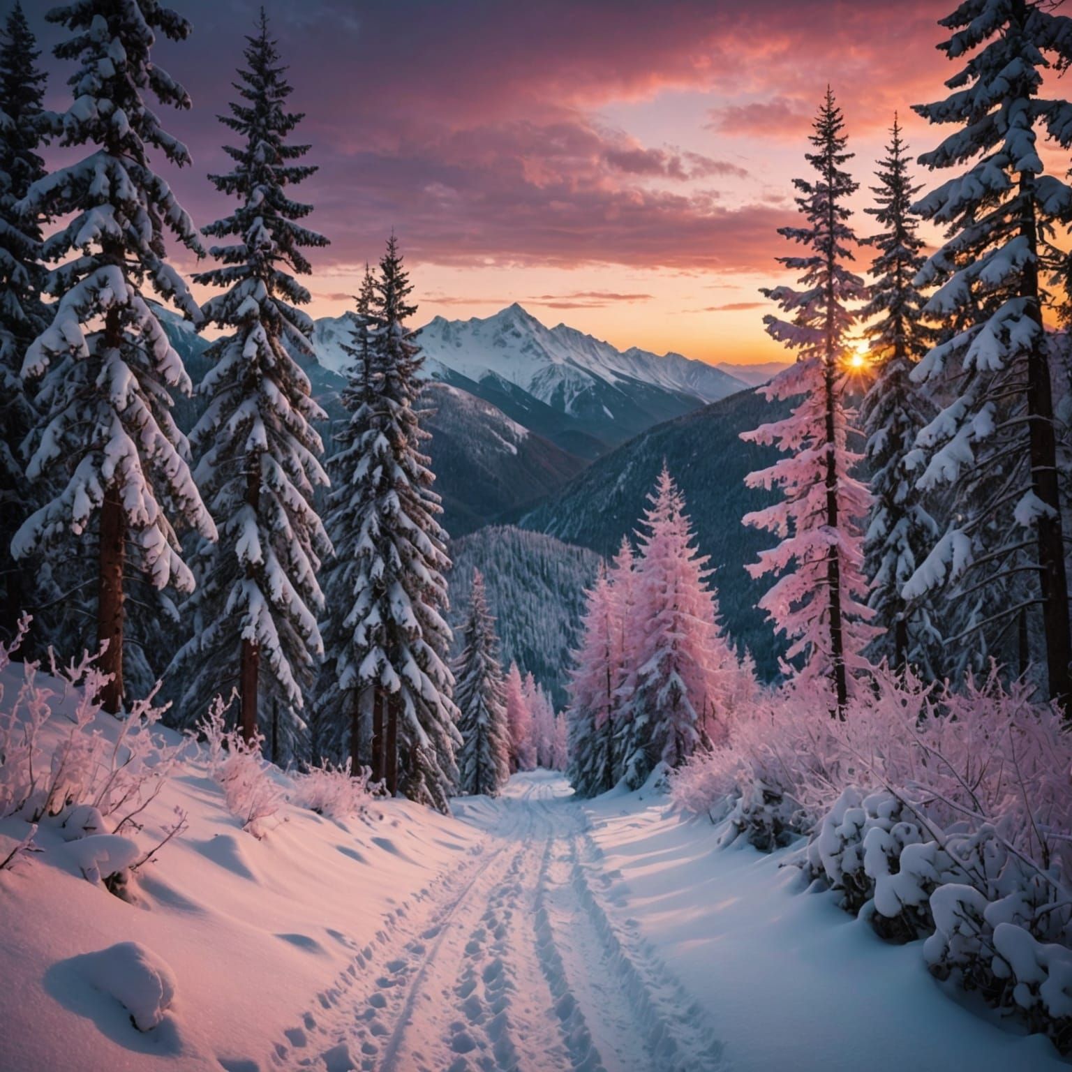 Winter Sunset: Snow-Covered Forest Path