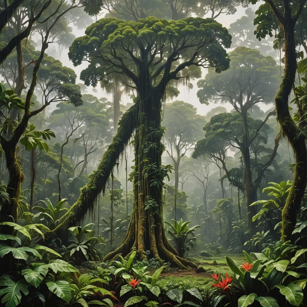 Lush Amazon Rainforest: Indonesian Impressionism Oil Paintin...
