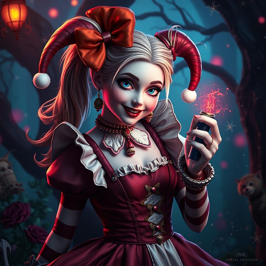 Alice in Wonderland as Harley Quinn in Vibrant Fantasy Art