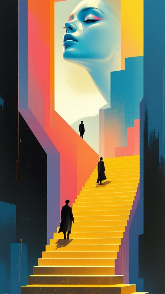 Surreal Staircase Ascension in Bold Pop-Art Style