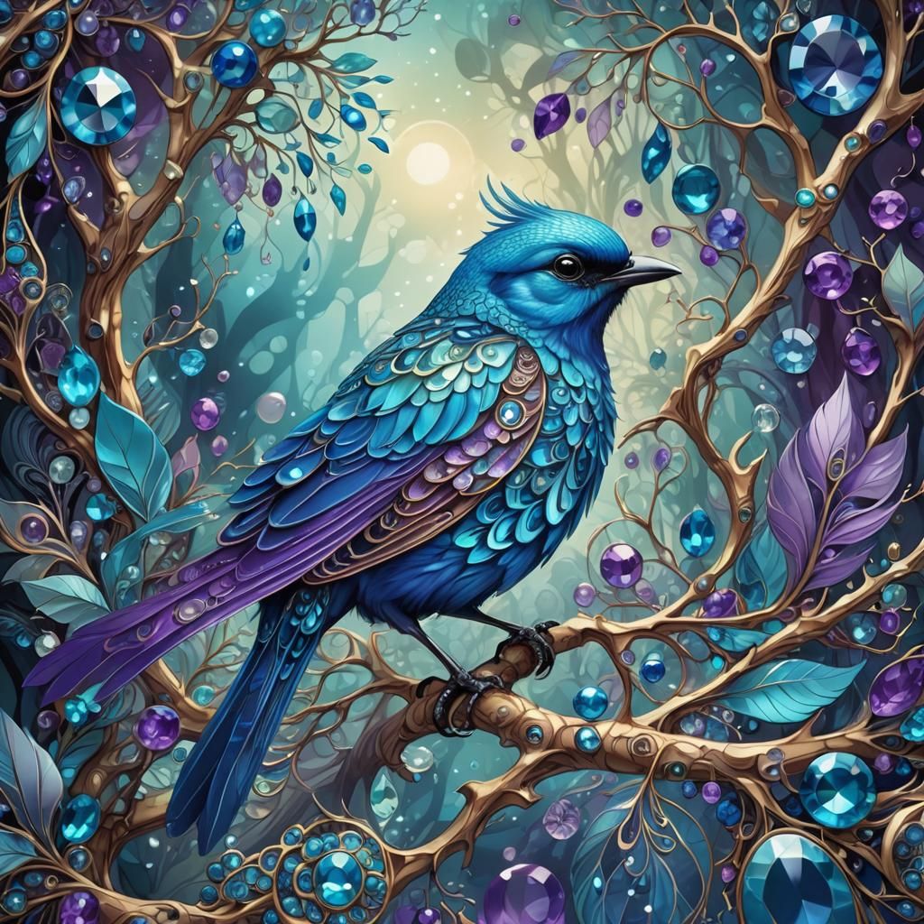 Iridescent Blue Bird in Abstract Magical Forest