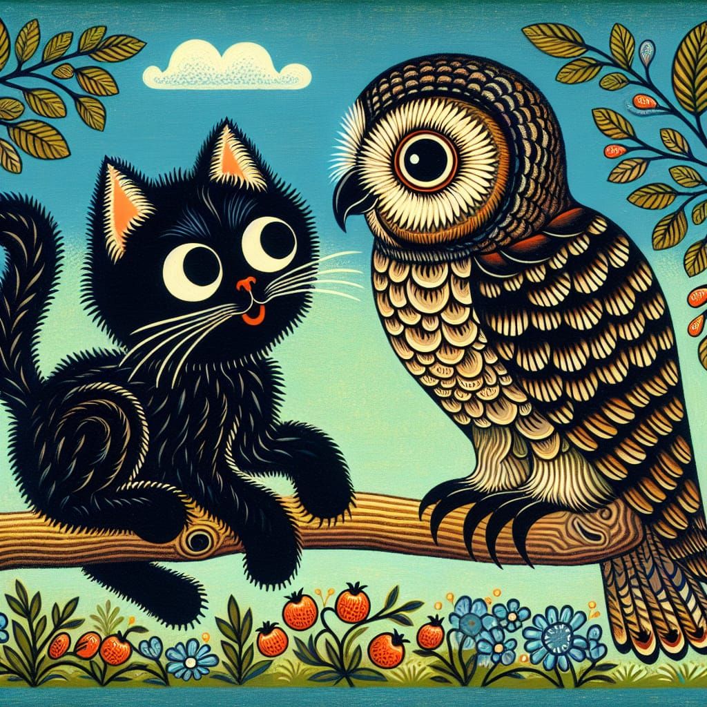 Whimsical Folk Art Scene of Cheeky Cat and Wise Owl