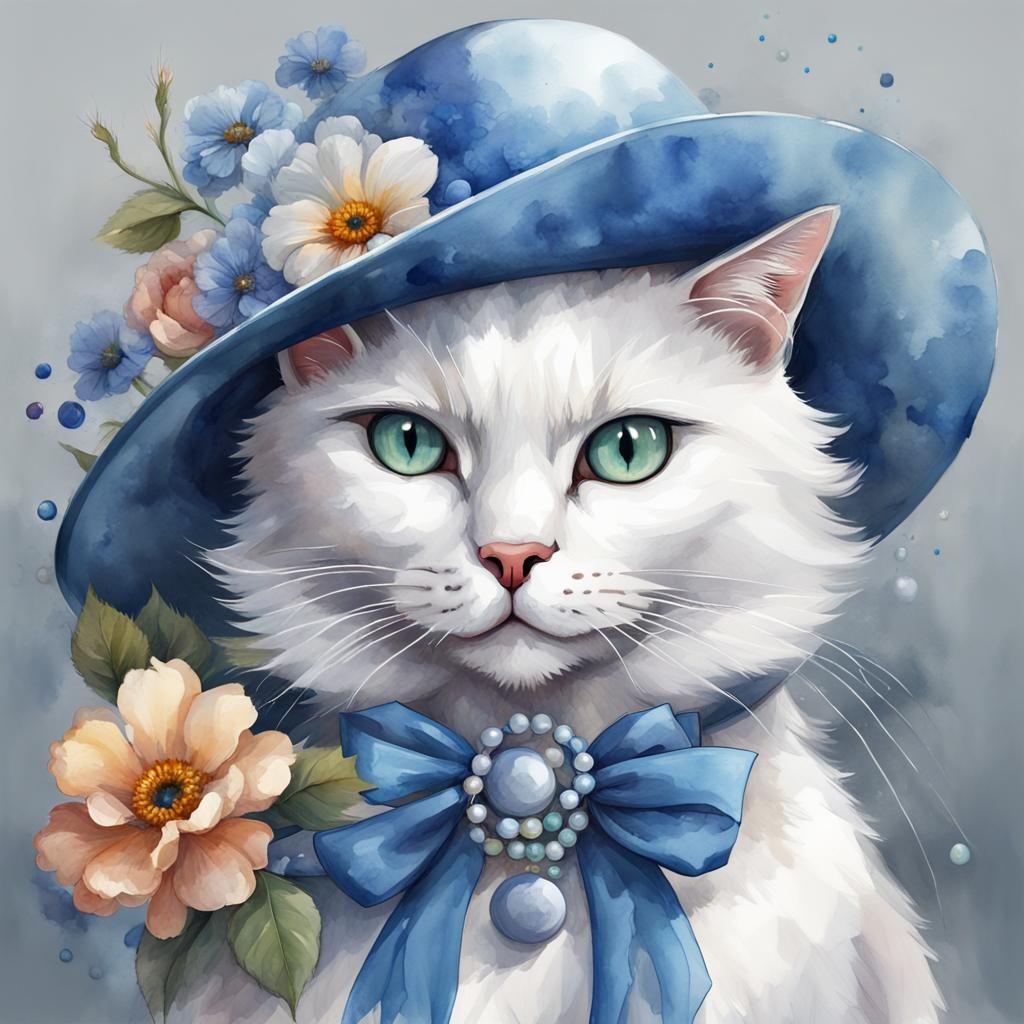Elegant Cat Portrait with Blue Hat, Watercolor Style