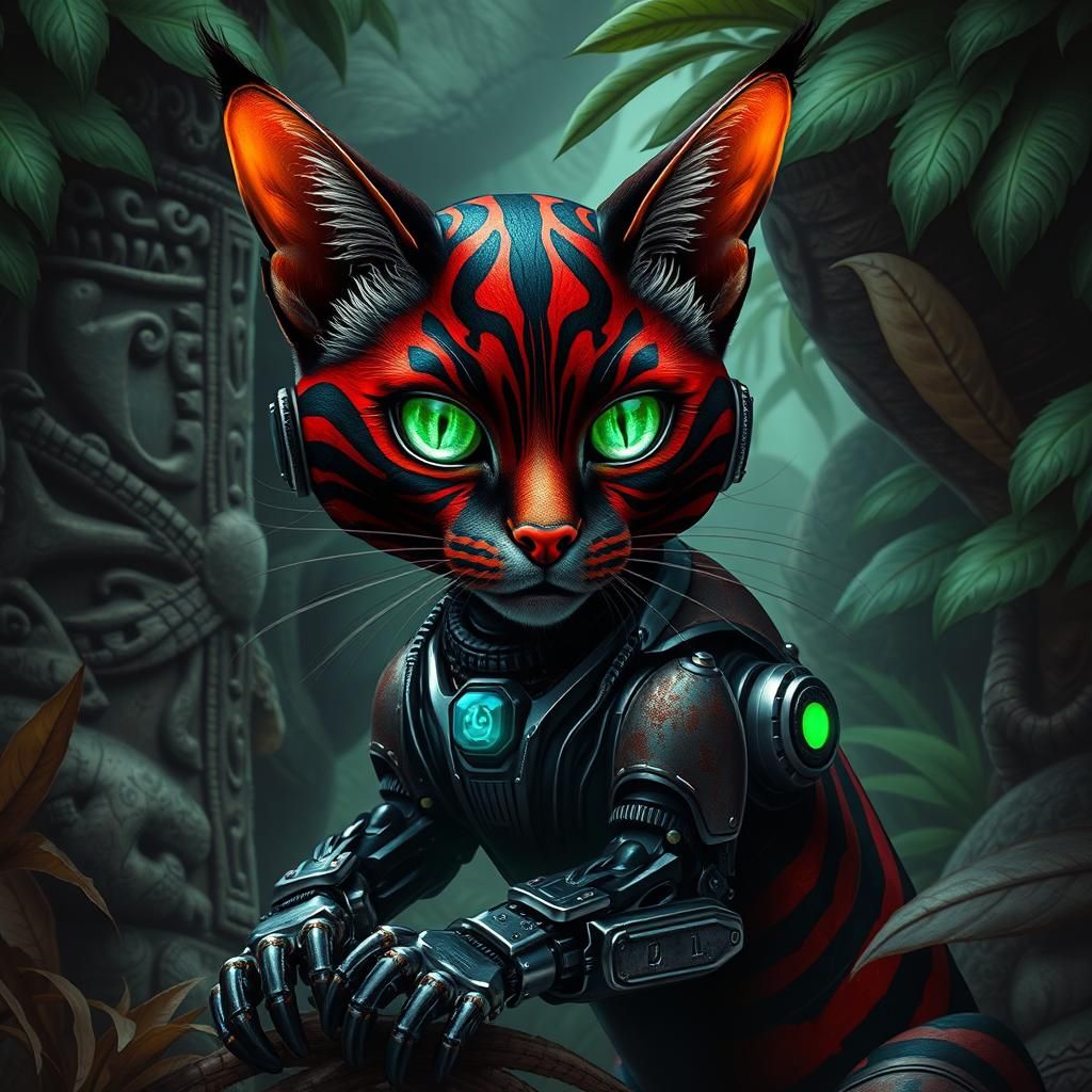Cyborg Cat with Zebra Stripes in Cyberpunk Jungle