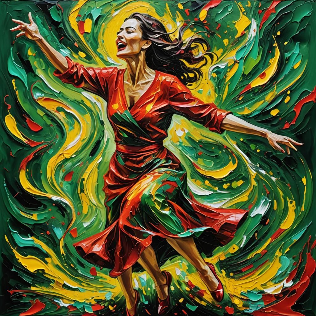 Lady in Red Dancing: Expressionist Oil Painting