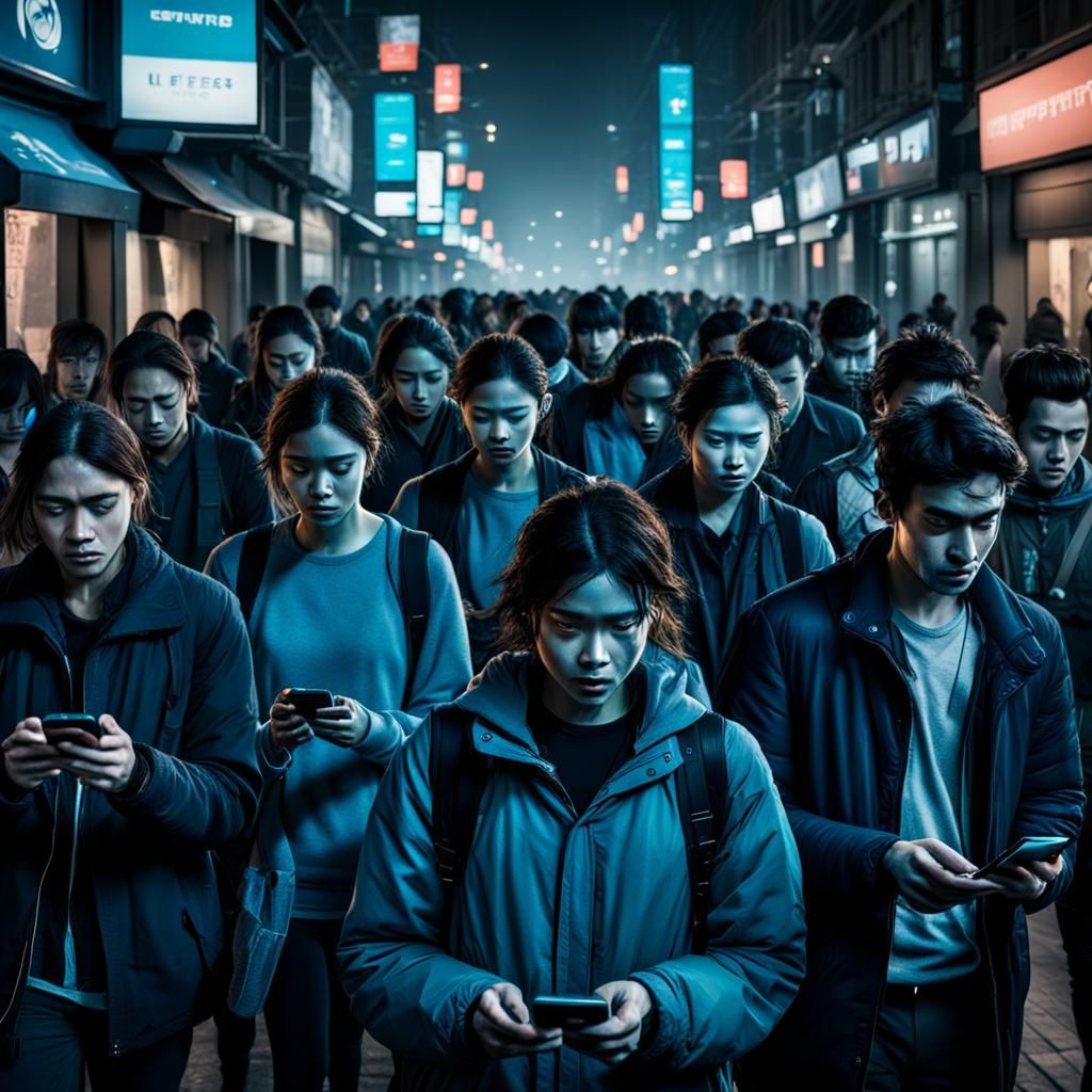 Urban Crowd Obsessed with Phones in Realistic Photography