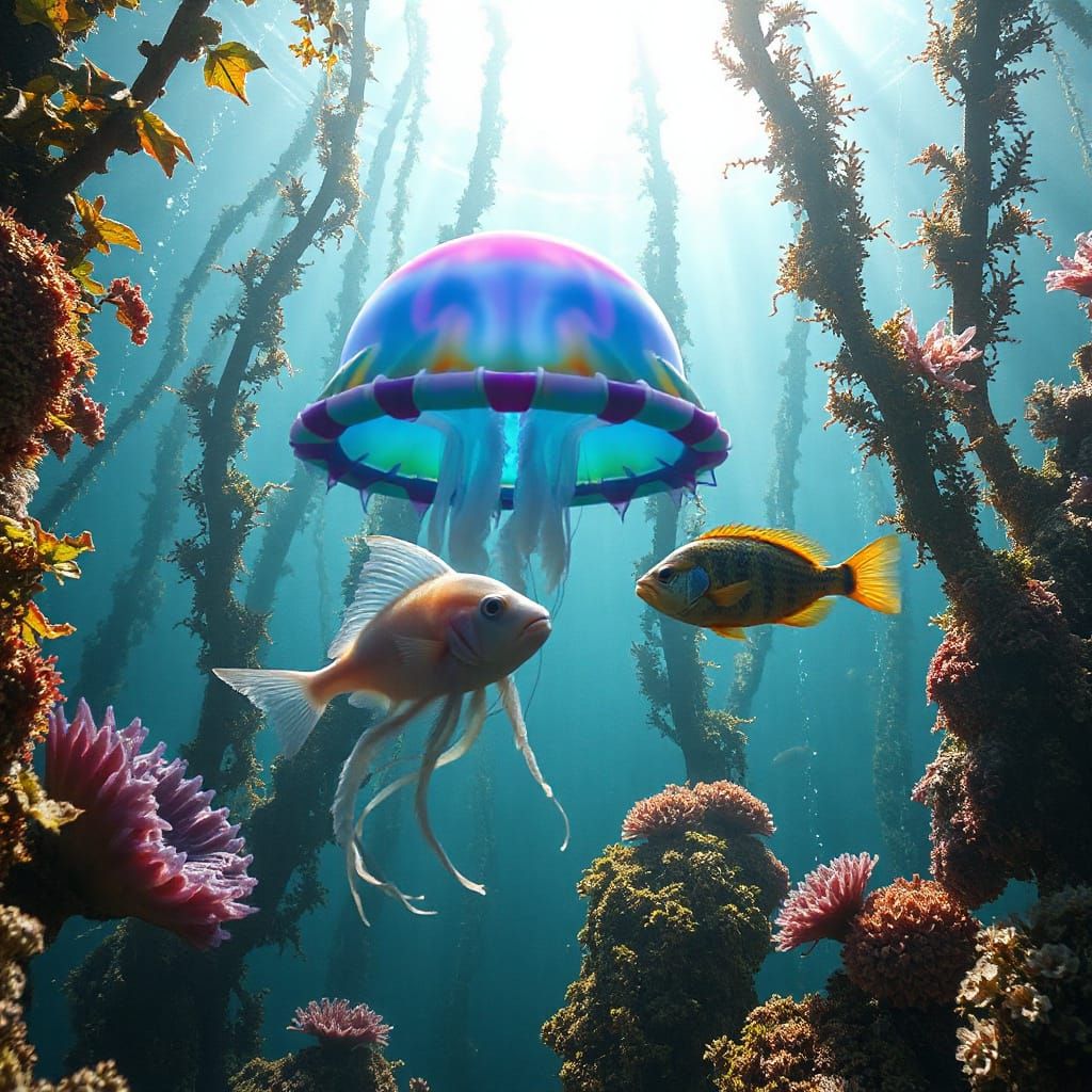 Glowing Jellyfish and Bioluminescent Fish in 3D Art