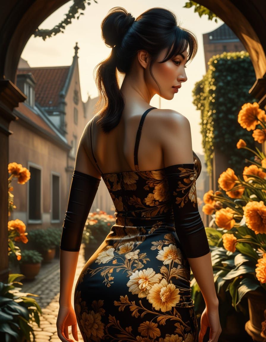 Baroque Goddess Amidst a Crumbling Cityscape