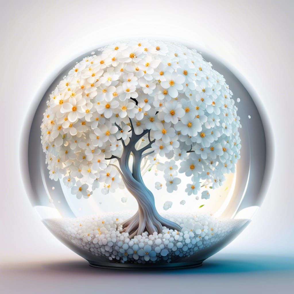 Luminescent Tree with White Blossoms in Glass Sphere