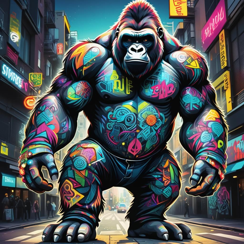 Confident Gorilla in Jeans: Vibrant Street Art