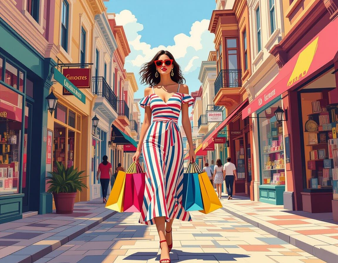 Woman in Striped Dress in a Surreal Pop Art City