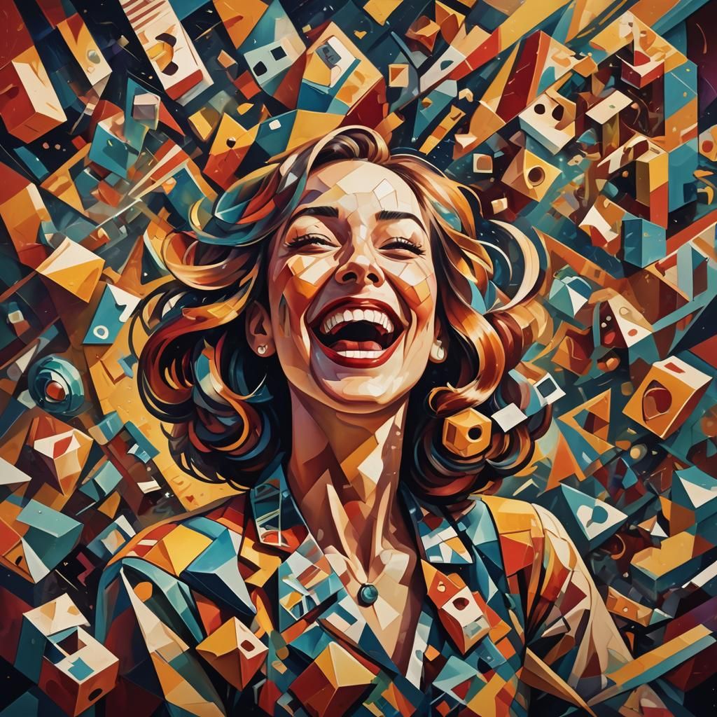 Geometric Cubist Woman Laughing in Surreal Setting